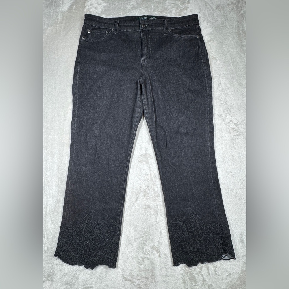 Lauren Ralph Lauren Black Cropped Tropical Floral Embroidered Cuffs Jeans 14